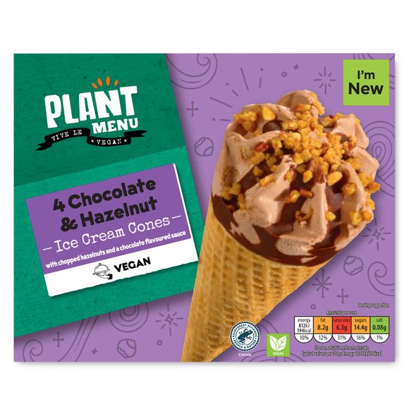 Plant Menu Chocolate & Hazelnut Ice Cream Cones 4x65g/4x110ml